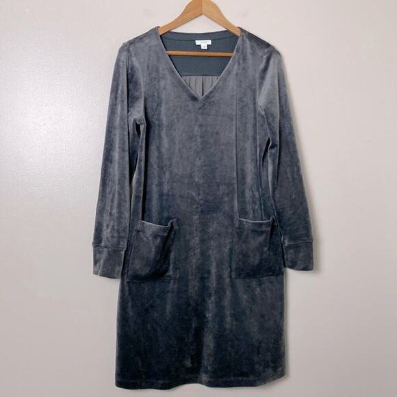 J Jill Pure Jill Velour A Line Dress V Neck Front Pockets Crushed Gray Size M - Picture 3 of 14